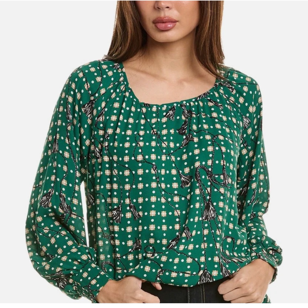 NWOT Cabi Green Voyage Foulard Print Cuffed Long Sleeve Blouse Size S Fall Boho